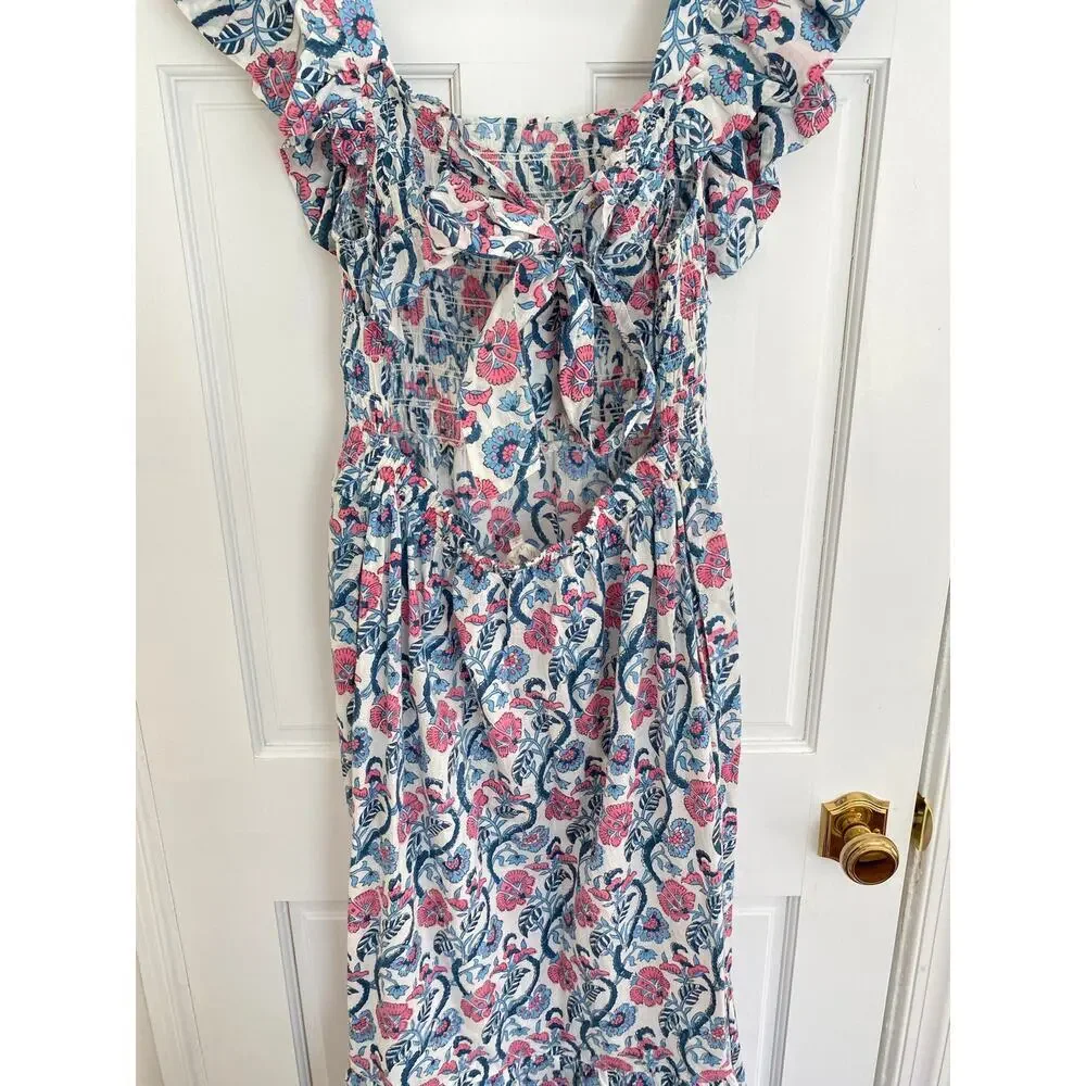 ANNA CATE Giselle Dress Blue Pink Floral Block Print Ruffle Smocked Maxi - Picture 6 of 8